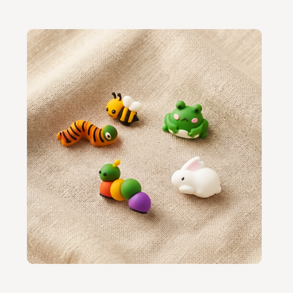 Five small animal-shaped clog charms arranged on a beige textured fabric background: an orange-and-black striped caterpillar, a yellow-and-black bee, a green frog, a multicolor caterpillar, and a white rabbit.