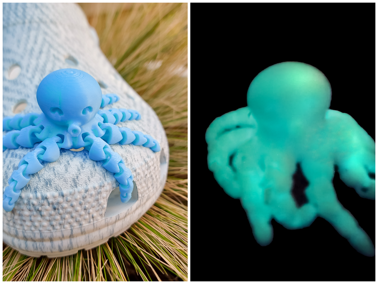 A set of colorful 3D printed flexi octopus charms in red, blue, green, and black, displayed on shoes shoes. Each charm features flexible, articulated tentacles, adding a fun ocean-themed touch and unique texture to the shoes.