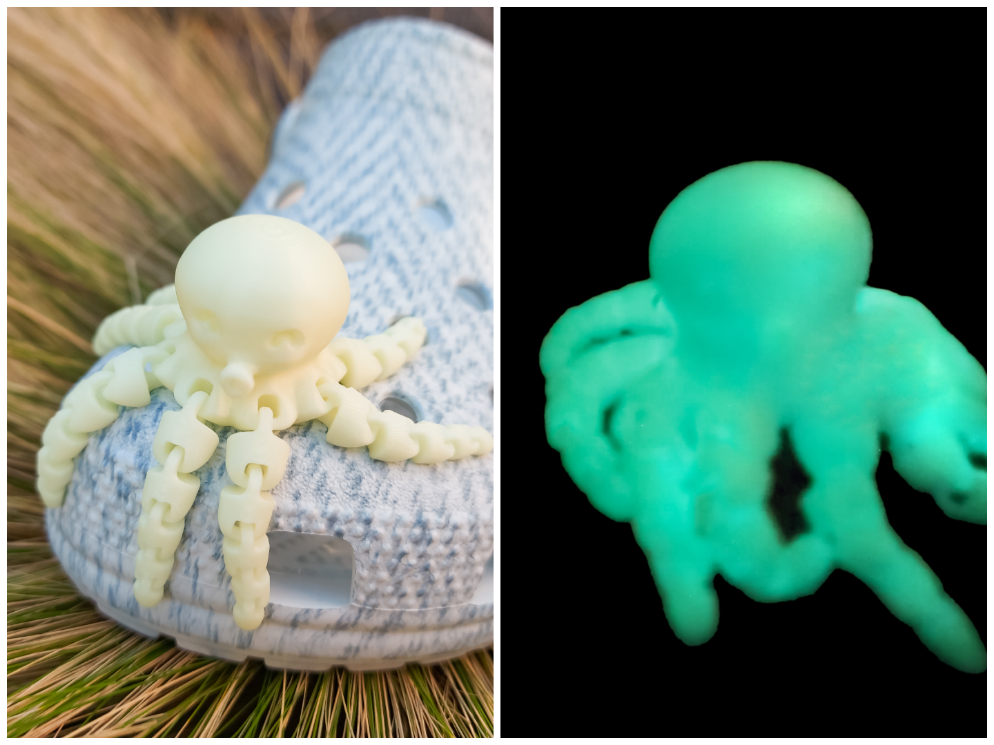 A set of colorful 3D printed flexi octopus charms in red, blue, green, and black, displayed on shoes shoes. Each charm features flexible, articulated tentacles, adding a fun ocean-themed touch and unique texture to the shoes.