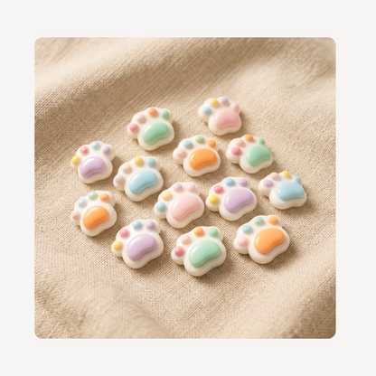 A group of small paw-print shaped clog charms decorated with pastel icing in pink, blue, green, orange, and purple, arranged on a beige textured fabric background.