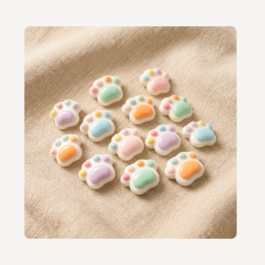 A group of small paw-print shaped clog charms decorated with pastel icing in pink, blue, green, orange, and purple, arranged on a beige textured fabric background.