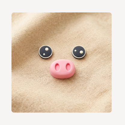 A set of pig face clog charms displayed on a textured beige fabric background. The earrings feature two dark gray circular studs with white dots for eyes, and a central pink stud shaped like a pig snout.