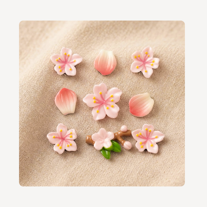 A set of nine cherry blossom-themed clog charms arranged on a textured beige fabric background. The set includes five pink and white cherry blossom flowers with yellow stamens, three pink petals, two small green leaves, and one branch detail.