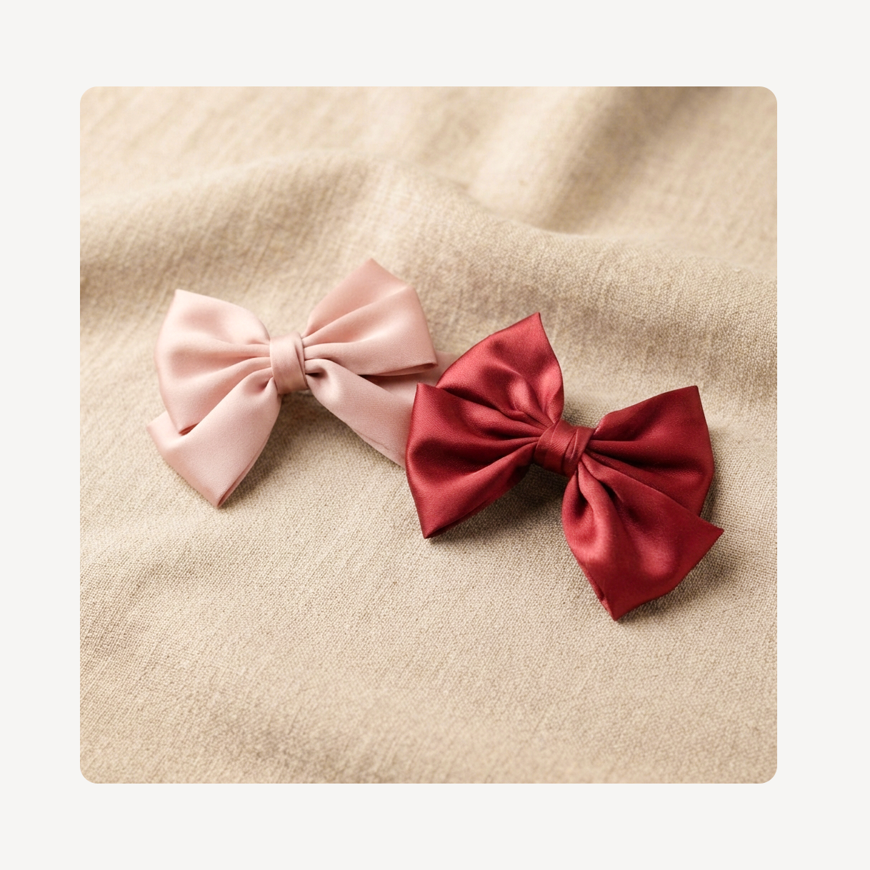 Two satin bow clog charms, one in light pink and one in deep red, displayed on a textured beige fabric background.
