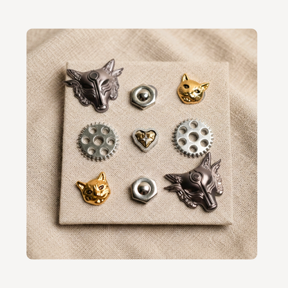 A set of nine clog charms displayed on a square beige fabric card. The set includes two silver wolf head charms, two gold cat head charms, three silver gear pieces, and three silver hex nuts.