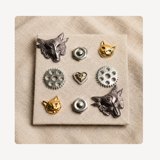 A set of nine clog charms displayed on a square beige fabric card. The set includes two silver wolf head charms, two gold cat head charms, three silver gear pieces, and three silver hex nuts.