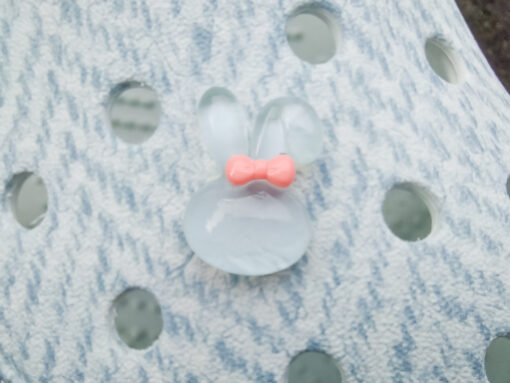 Close-up of a shoe decorated with a 5-piece jelly charm set, including two flowers, a yellow duck, a bunny with a pink bow, and a red mushroom. Each charm has a cute, soft, jelly-like appearance, adding a fun and playful vibe to the footwear.