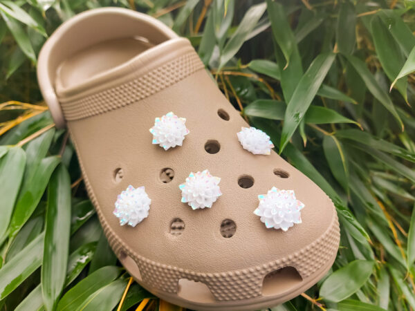A pair of shoes adorned with multiple white rose charms featuring iridescent accents, placed on a background of green palm leaves. The charms add an elegant and sophisticated touch to the shoes.