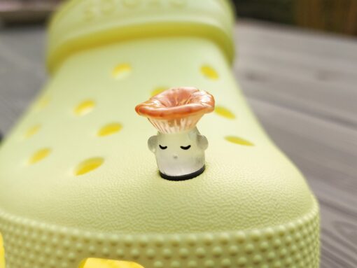 Glow-in-the-dark wild mushroom charms on a Croc shoe. These whimsical accessories light up in the dark, adding a magical and nature-inspired touch to your footwear. Perfect for customizing your Crocs with a unique forest theme.