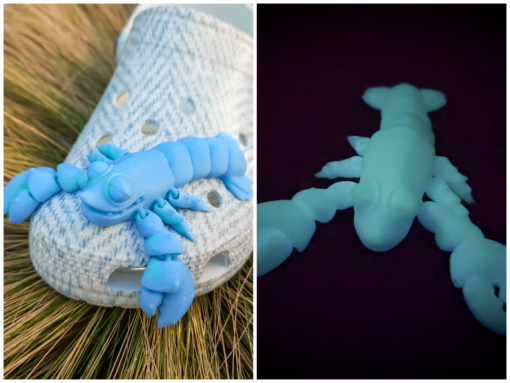 Colorful 3D printed flexi lobster charms in green, orange, yellow, and red, attached to Crocs shoes. Each lobster has a segmented, flexible body and realistic details, adding a playful marine-inspired style to the shoes.